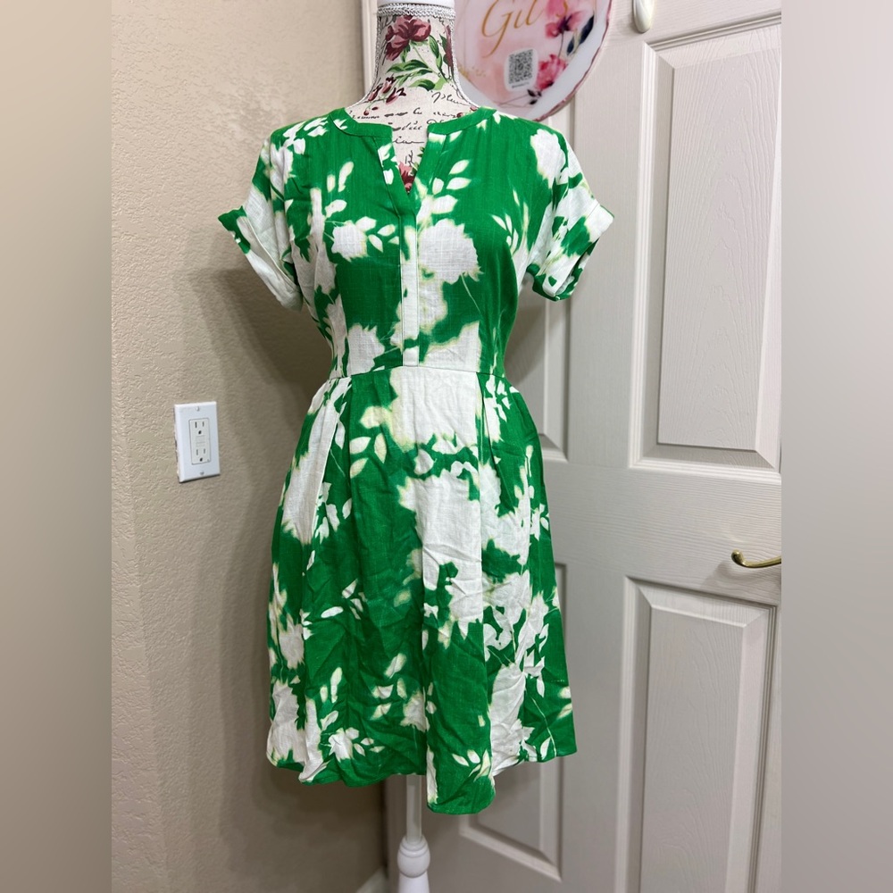 NWT Simply Vera Vera Wang Green White Floral Tie Waist Mini Dress XS